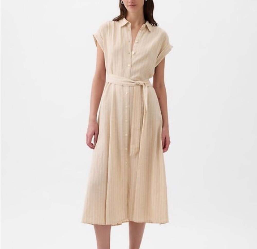 Gap Linen Blend Striped Button-Down Midi Dress with Tie Waist, Size XS